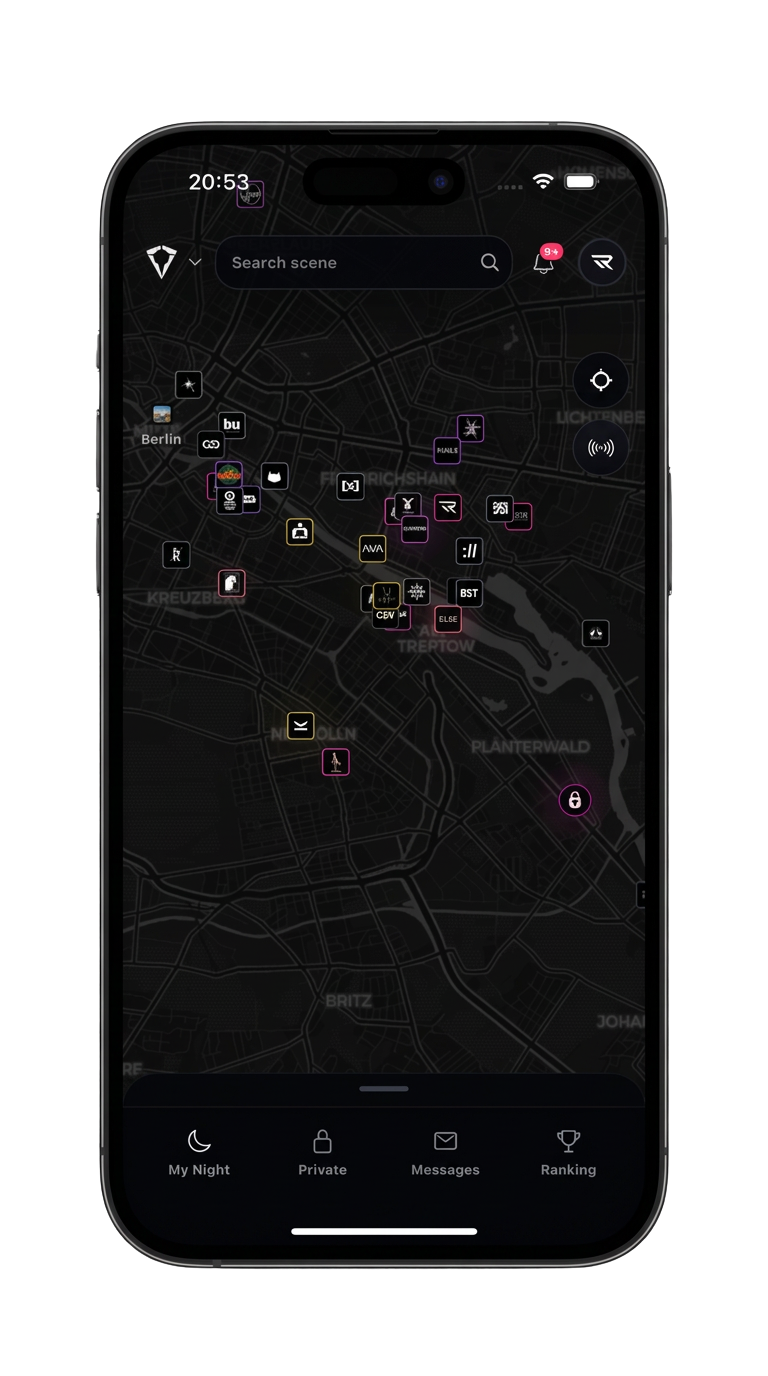 RaveMeApp mobile map interface showing electronic music venues in Berlin
